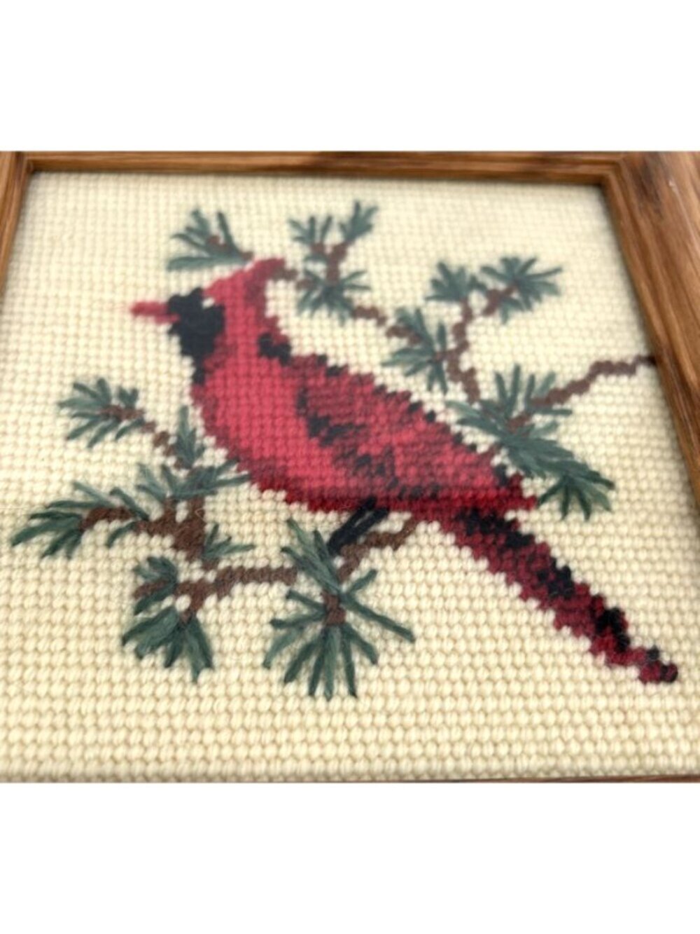 Needlepoint Red Bird Cardinal on Limb 7.25 x 7.25" Handmade Framed - Picture 2 of 7